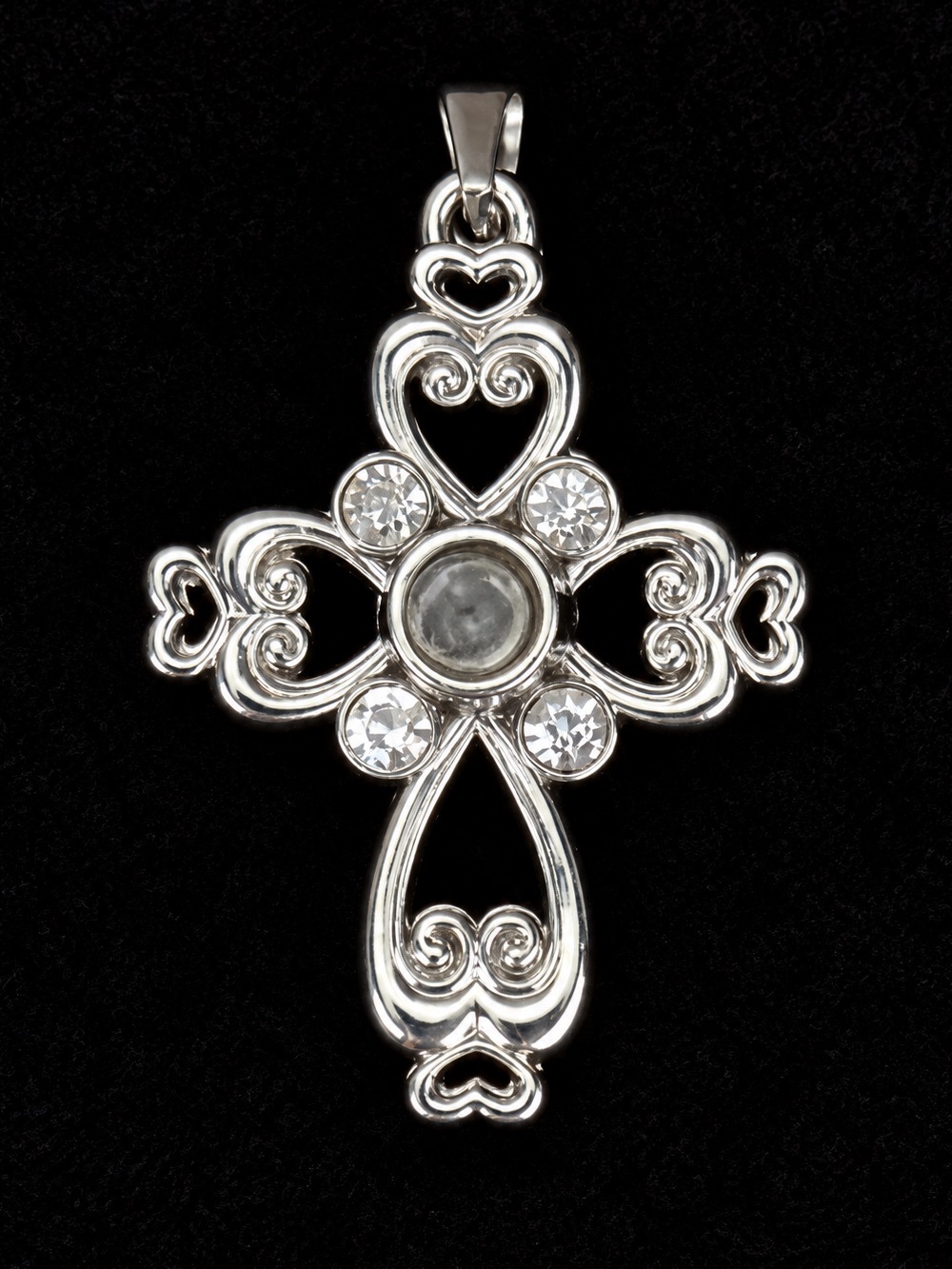 Vintage Silver Tone Heart Scroll Cross Pendant Clear Faceted Accents
